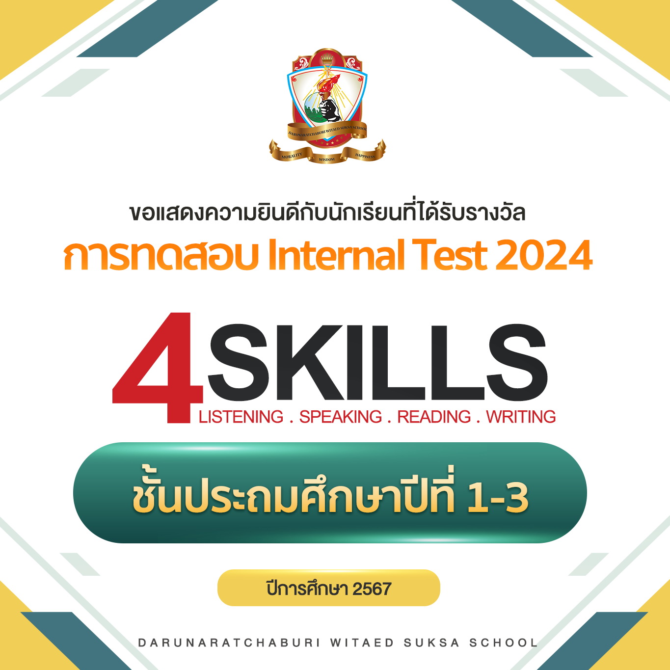 นักเรียนที่ได้ 100 คะแนนเต็ม Internal English Test 2024 ระดับชั้นประถมศึกษาปีที่ 1-3