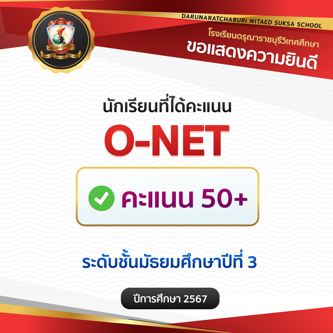 นักเรียน​ชั้นมัธยมศึกษา​ปีที่ 3 ปีการศึกษา​ 2567 คะแนน O-NET​ 50+