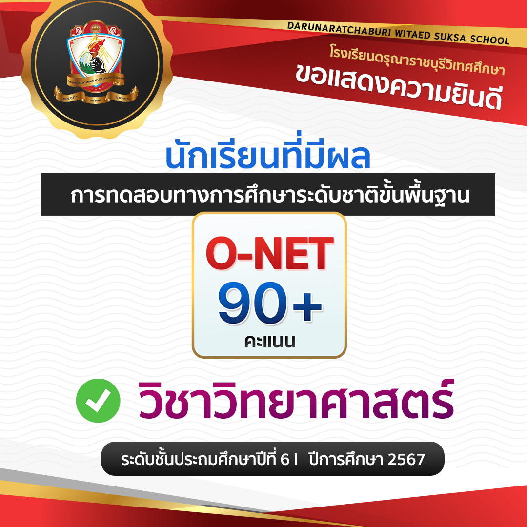 นักเรียนที่มีผลการทดสอบทางการศึกษาระดับชาติขั้นพื้นฐาน (O-NET) วิชาวิทยาศาสตร์ คะแนน 90+