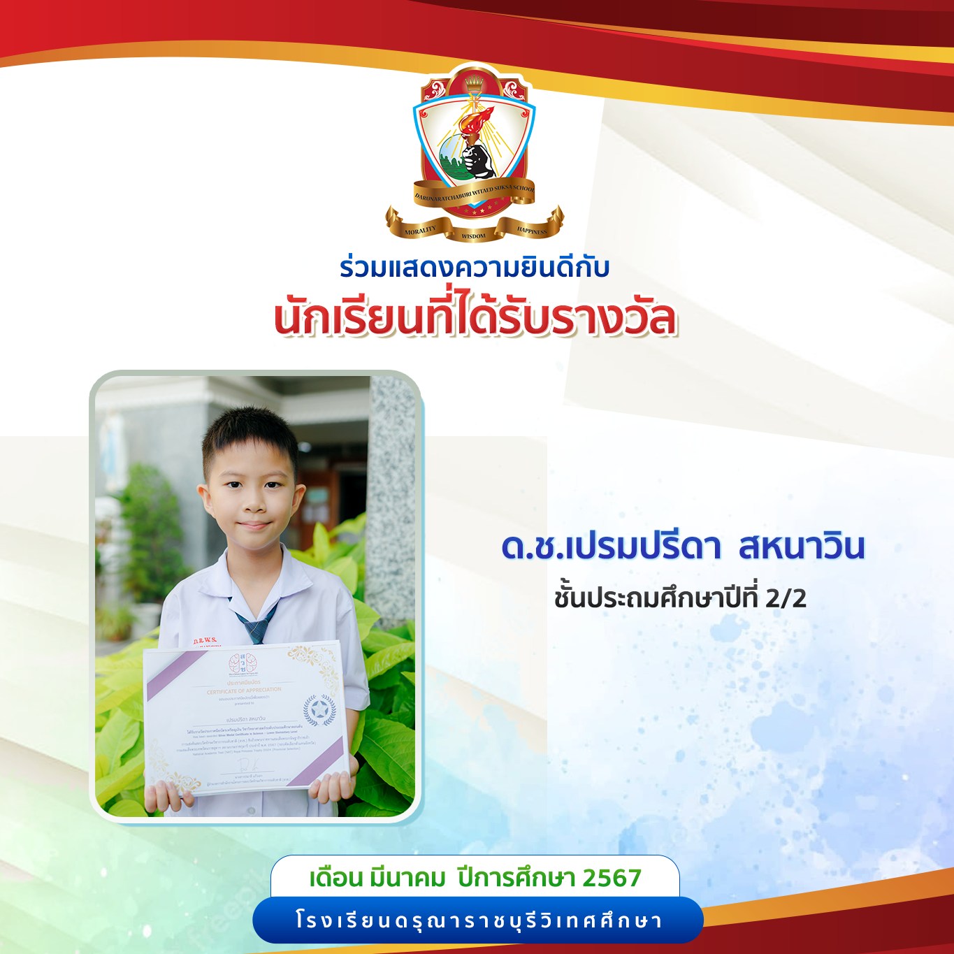 นักเรียนได้รับรางวัล เดือนมีนาคม 2568