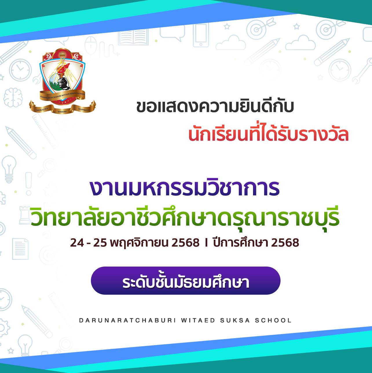 นักเรียน​ระดับมัธยมศึกษา​ ที่ได้รับรางวัล​จากการแข่งขัน​มหกรรม​วิชาการ​ วิทยาลัยอาชีวศึกษาดรุณาราชบุรี ​ ปีการศึกษา​ 2568