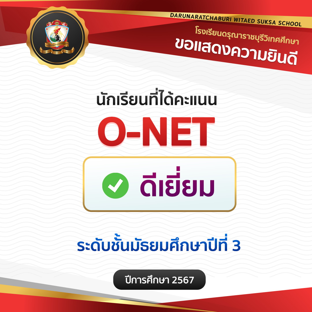 นักเรียน​ชั้นมัธยมศึกษา​ปีที่ 3 ปีการศึกษา​ 2567 ได้คะแนน O-NET​ ระดับดีเยี่ยม