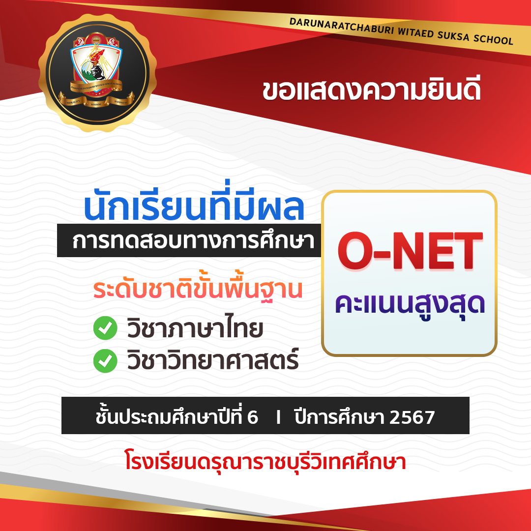 นักเรียนที่มีผลการทดสอบทางการศึกษาระดับชาติขั้นพื้นฐาน (O-NET) คะแนนสูงสุด ระดับโรงเรียน