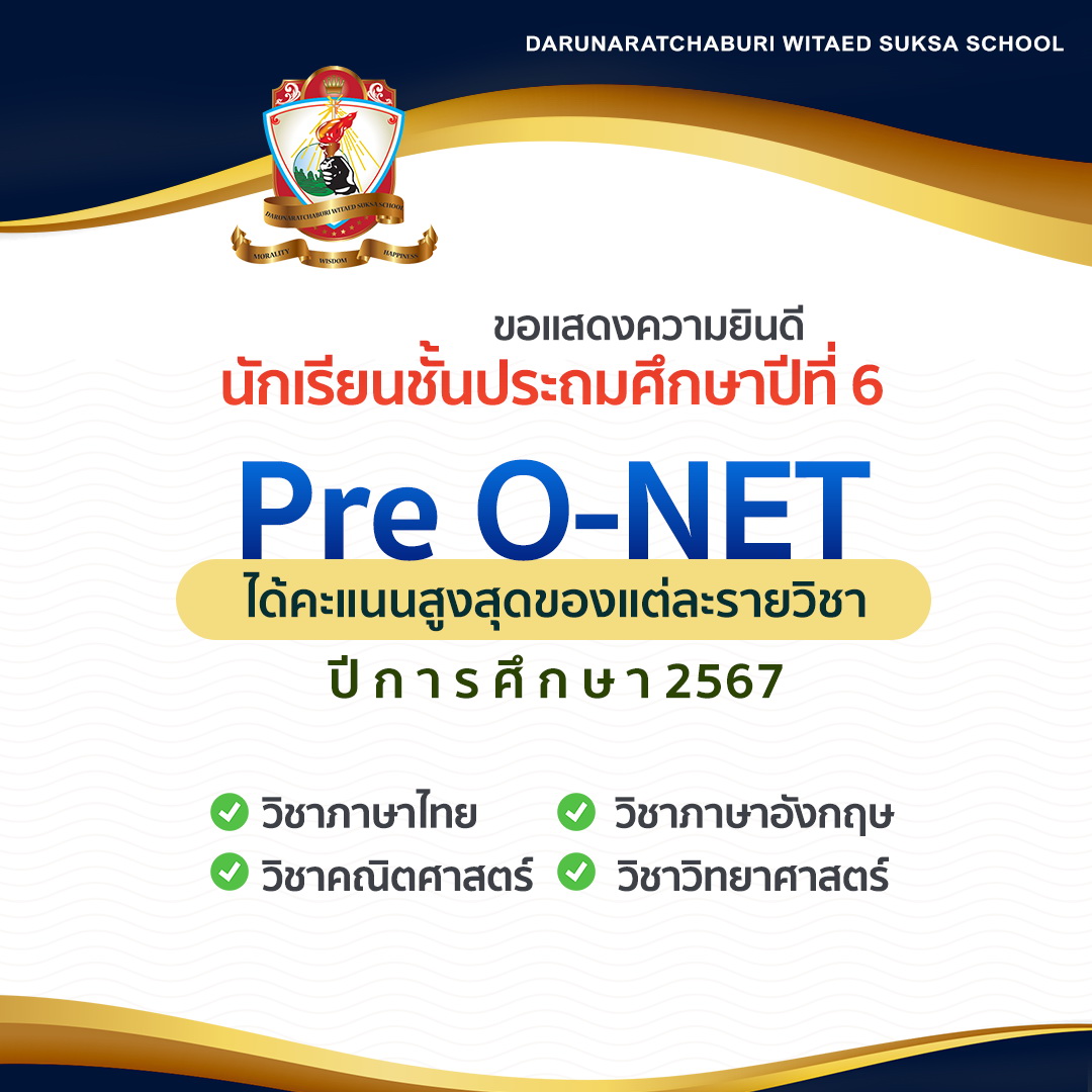 Pre O-NET ป.6 คะแนนสูงสุดของแต่ละวิชา ปีการศึกษา 2567