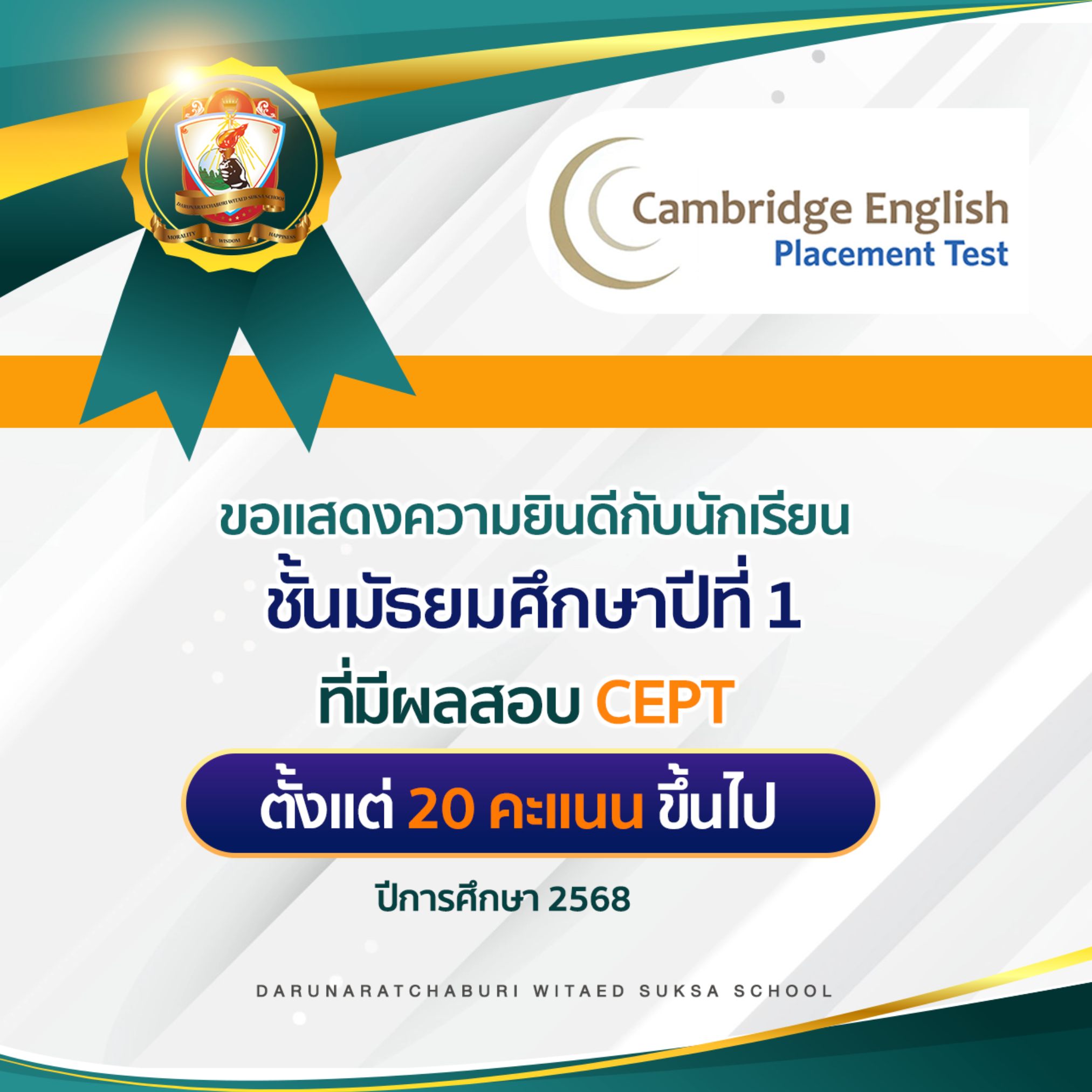 ผลสอบ CEPT ระดับมัธยมศึกษาปีที่ 1 ปีการศึกษา 2568