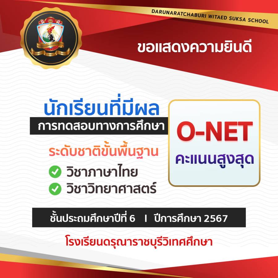 นักเรียนที่มีผลการทดสอบทางการศึกษาระดับชาติขั้นพื้นฐาน (O-NET) คะแนนสูงสุด ระดับโรงเรียน