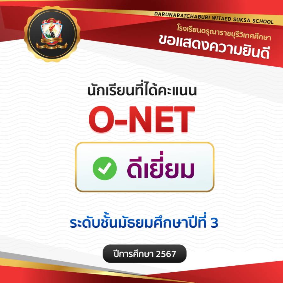 นักเรียน​ชั้นมัธยมศึกษา​ปีที่ 3 ปีการศึกษา​ 2567 ได้คะแนน O-NET​ ระดับดีเยี่ยม