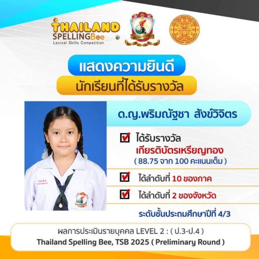 รางวัลเหรียญทอง การแข่งขัน Thailand Spelling Bee, TSB 2025 ระดับชั้นประถมศึกษาปีที่ 3-4