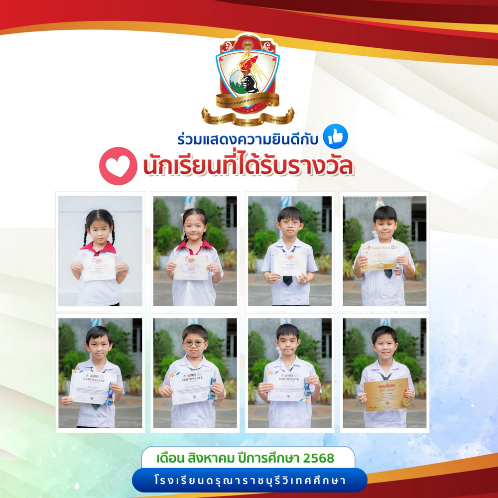 นักเรียนที่ได้รับรางวัลด้านวิชาการระดับชั้นอนุบาล - ชั้นประถมศึกษา ประจำเดือนสิงหาคม ปีการศึกษา 2568
