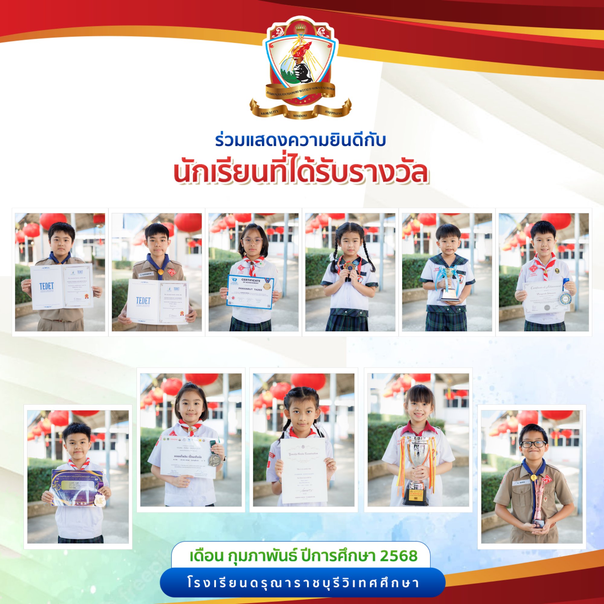 นักเรียนที่ได้รับรางวัลประจำเดือนกุมภาพันธ์ ปีการศึกษา 2568