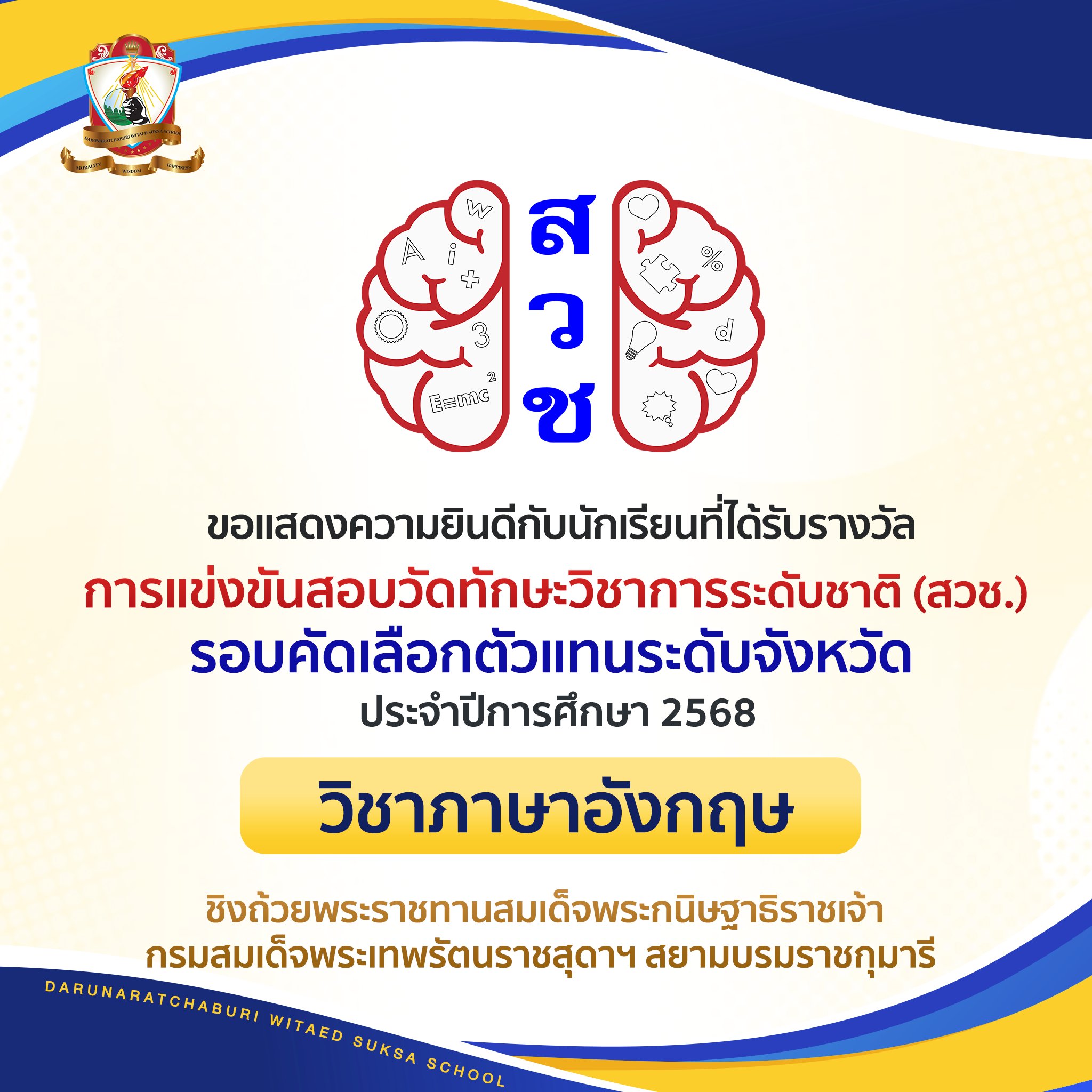 เหรียญรางวัลการแข่งขันสอบวัดทักษะวิชาการระดับชาติ (สวช) ประจำปี พ.ศ. 2568 ( รอบคัดเลือกตัวแทนระดับจังหวัด)  วิชาภาษาอังกฤษ