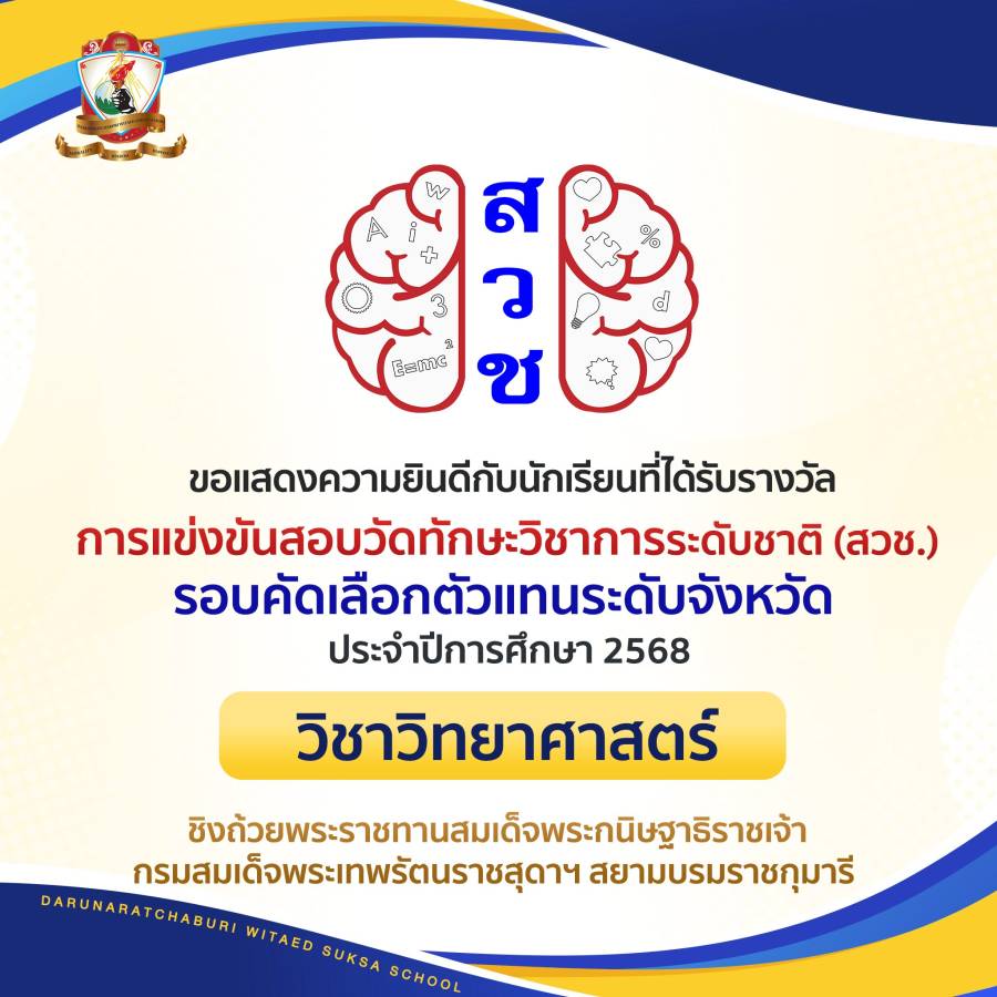 เหรียญรางวัลการแข่งขันสอบวัดทักษะวิชาการระดับชาติ (สวช) ประจำปี พ.ศ. 2568 ( รอบคัดเลือกตัวแทนระดับจังหวัด)  วิชาวิทยาศาสตร์