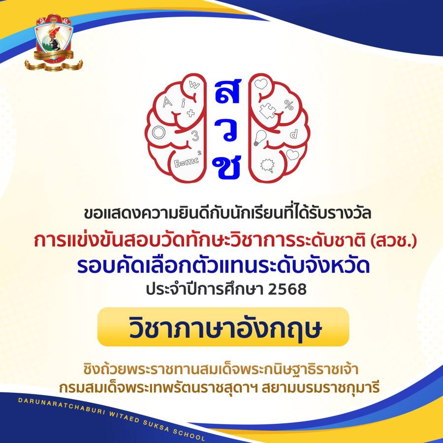 เหรียญรางวัลการแข่งขันสอบวัดทักษะวิชาการระดับชาติ (สวช) ประจำปี พ.ศ. 2568 ( รอบคัดเลือกตัวแทนระดับจังหวัด)  วิชาภาษาอังกฤษ